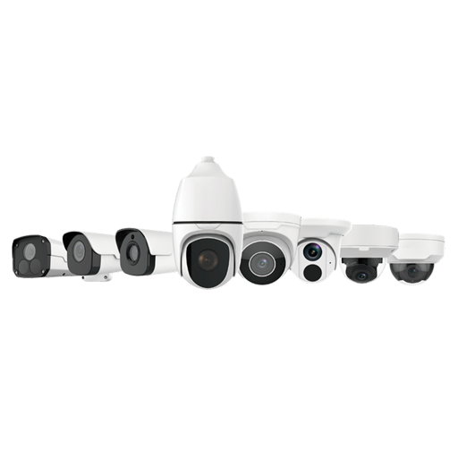 Modelos diferentes de câmeras de segurança lado a lado em um fundo transparente.